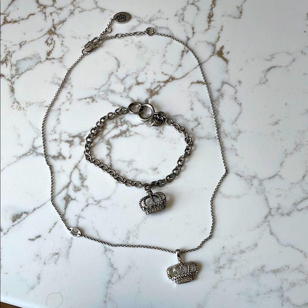 Juicy Couture Silver Crown Necklace and Bracelet Set